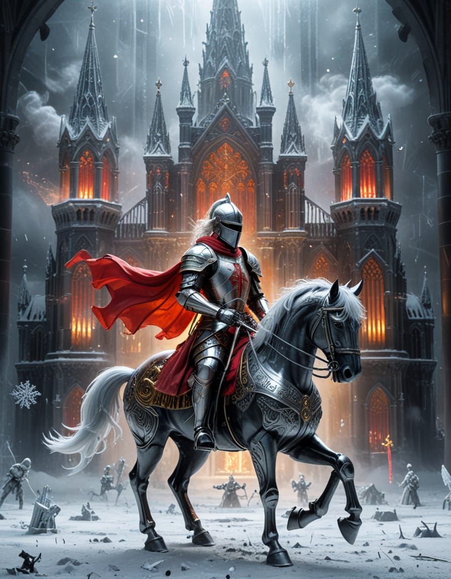 Epic Winter Knight in Frozen Armor on Black Horse