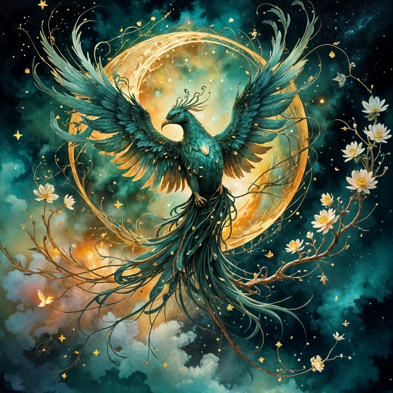 Surreal Galaxy Phoenix Portal in Art Nouveau Style