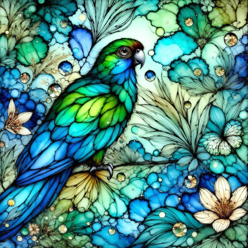 <lora:Alcohol Ink Splash:1.0> stained glass alcohol ink splash Analogous shades of blue beautiful parrot in a tropical f...