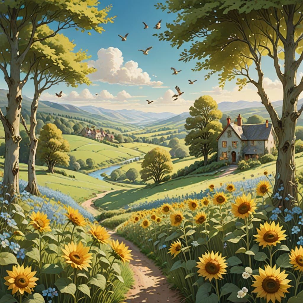 Whimsical Valley Landscape with Sunflowers