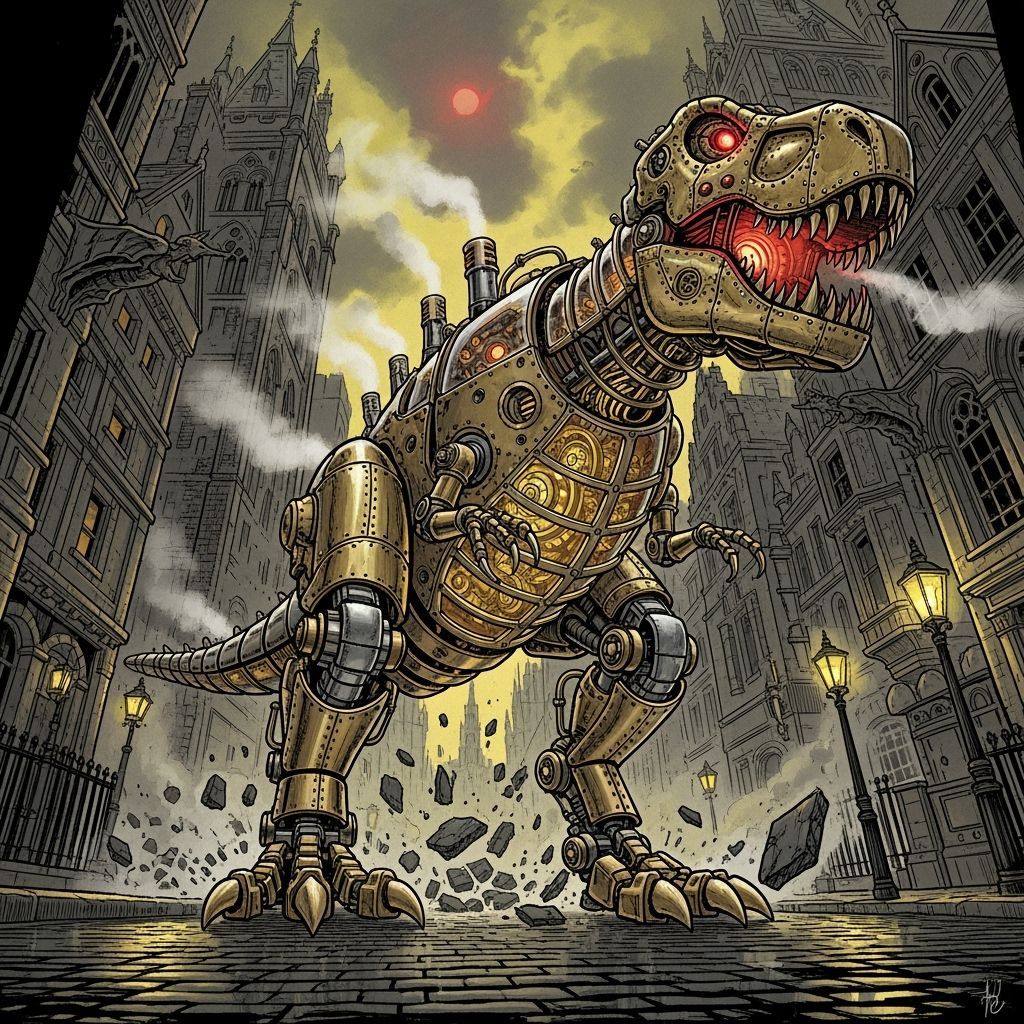 Steampunk T-Rex Automaton in Victorian London