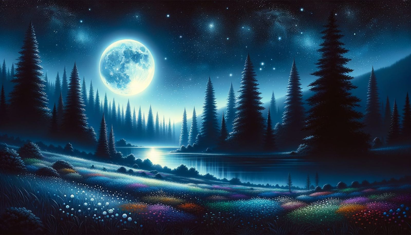 Moonlit Night Scene with Fir Trees and Wildflowers