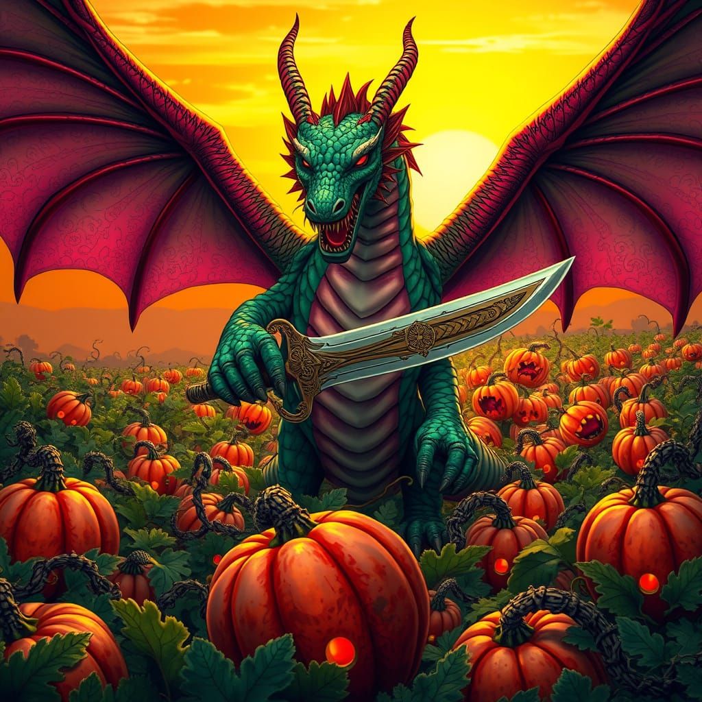 Majestic Watermelon Dragon Defends Farm from Mutated Pumpkin...