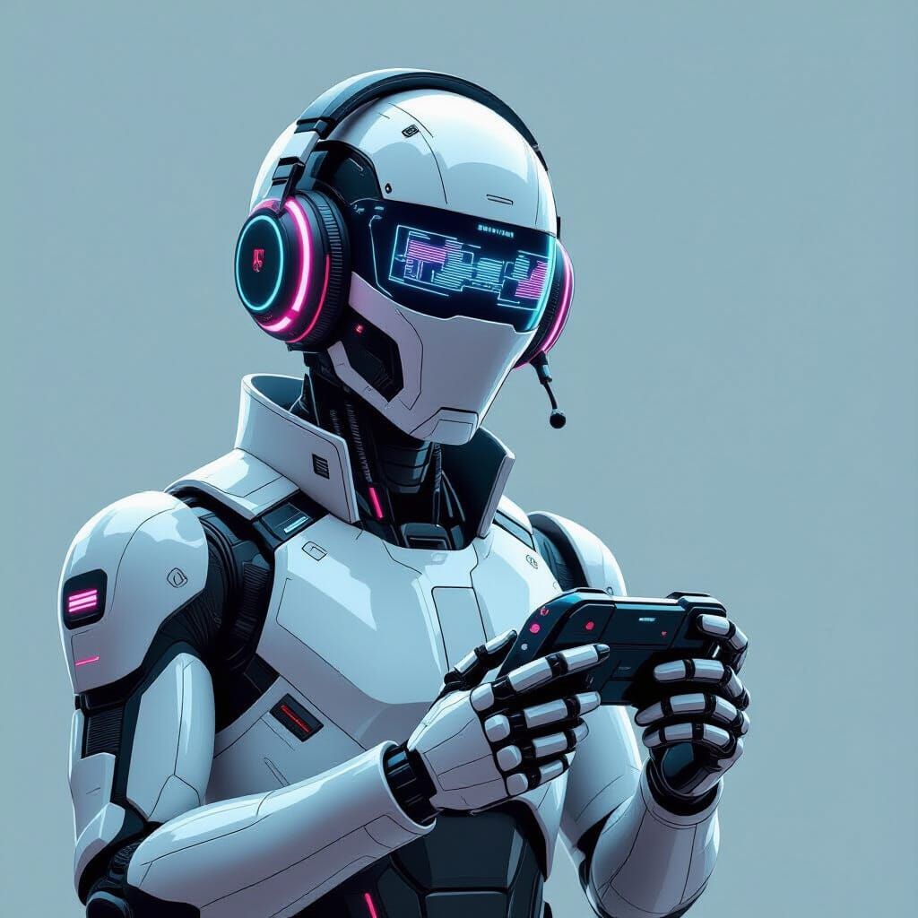 Solitary Robot with Game Console in Sci-Fi Style