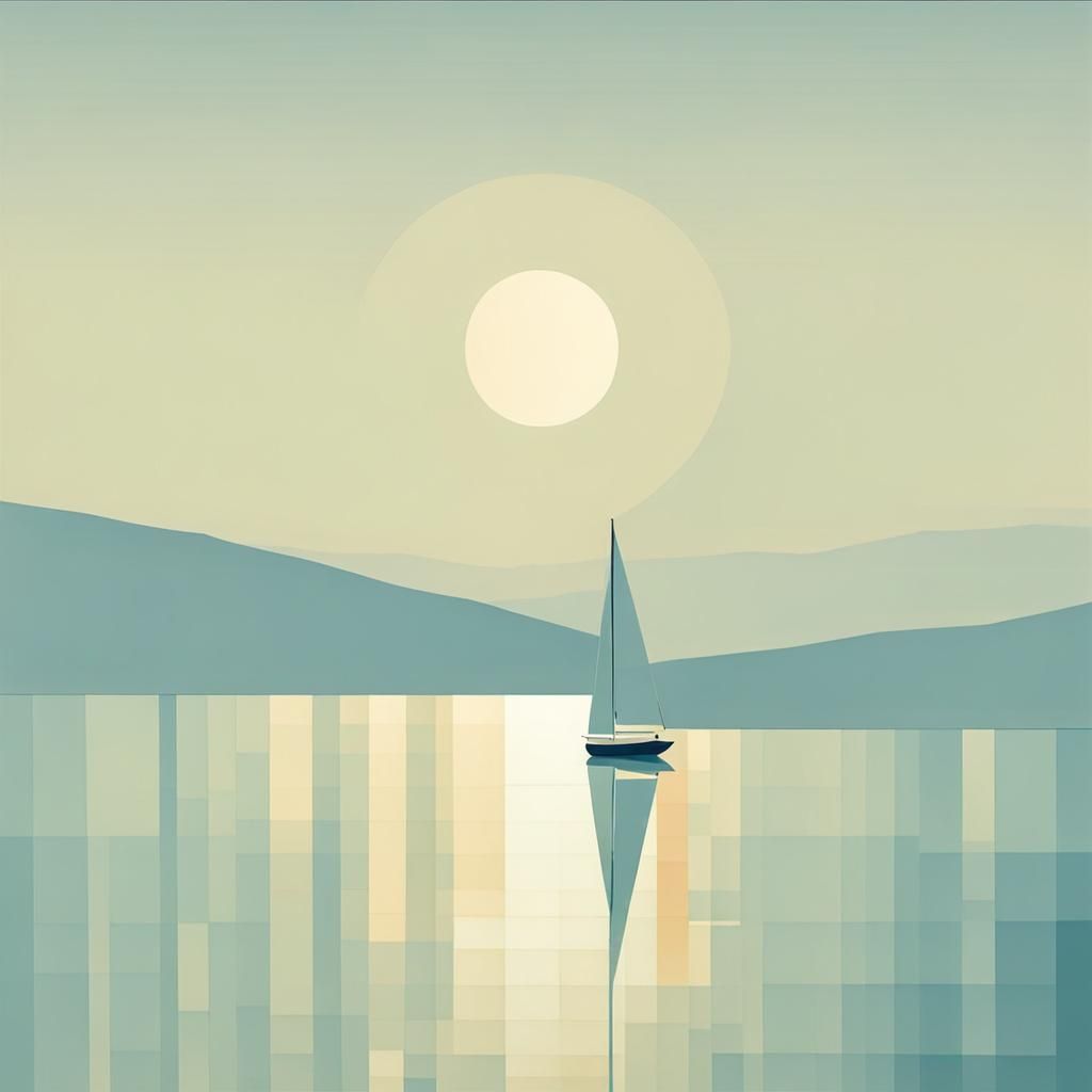Minimalist Sailboat Painting on Water in Stylized Design