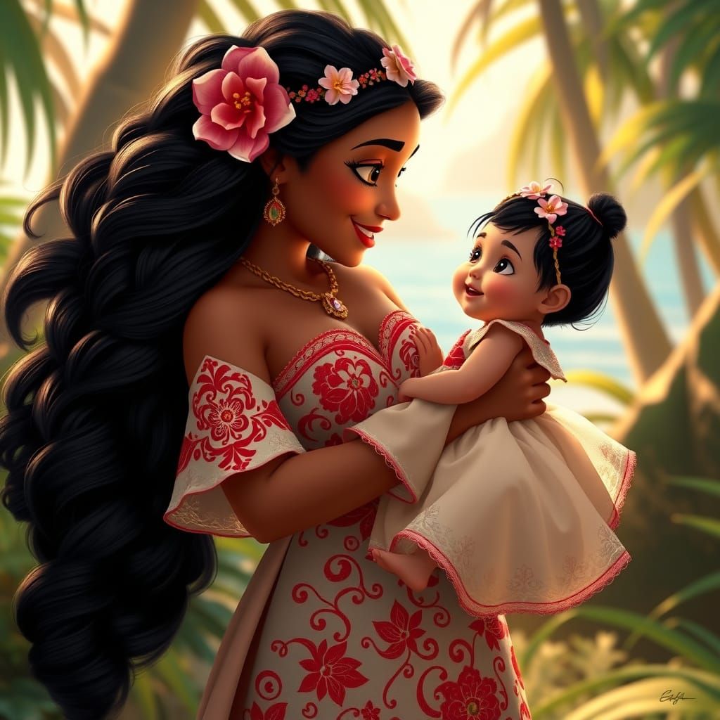 Realistic Moana and Baby on Tropical Island