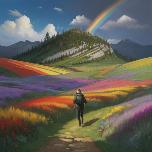 Woman and Mastiff Hike Mountain Trail as Impasto Oil Paintin...