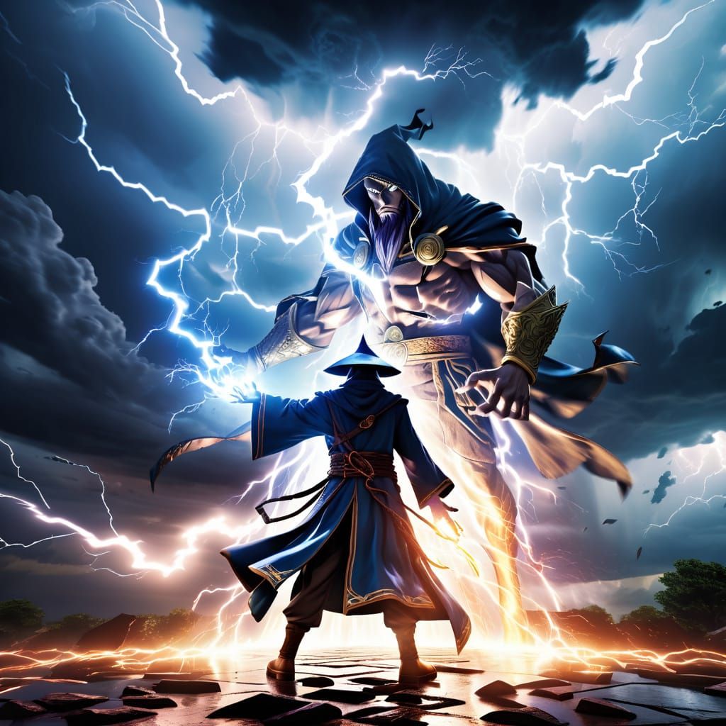 Young Wizard Casts Lightning Spell on Monster in Stormy Sky