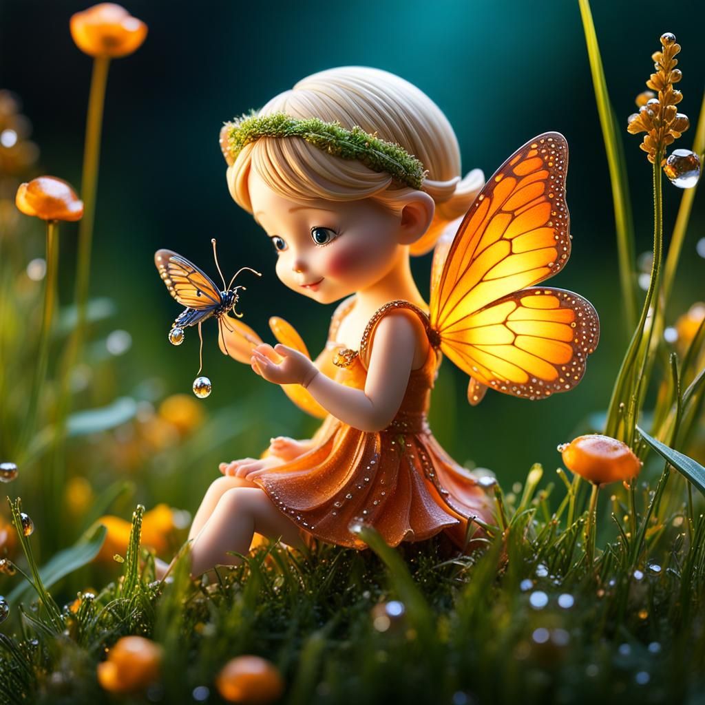 Enchanting Fairy Plays with Butterfly in Autumn Meadow
