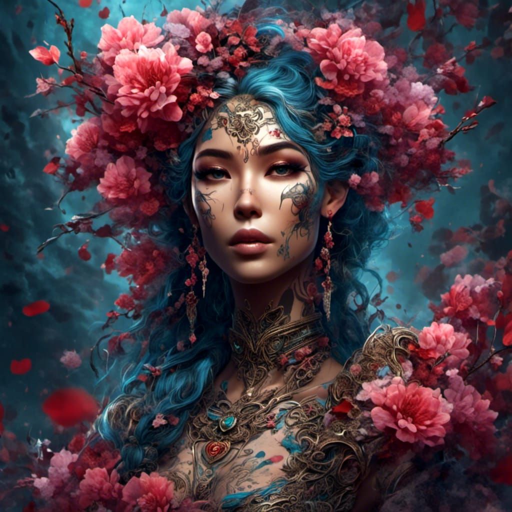 Tattooed Woman with Sakura Flowers in Hyperreal Style