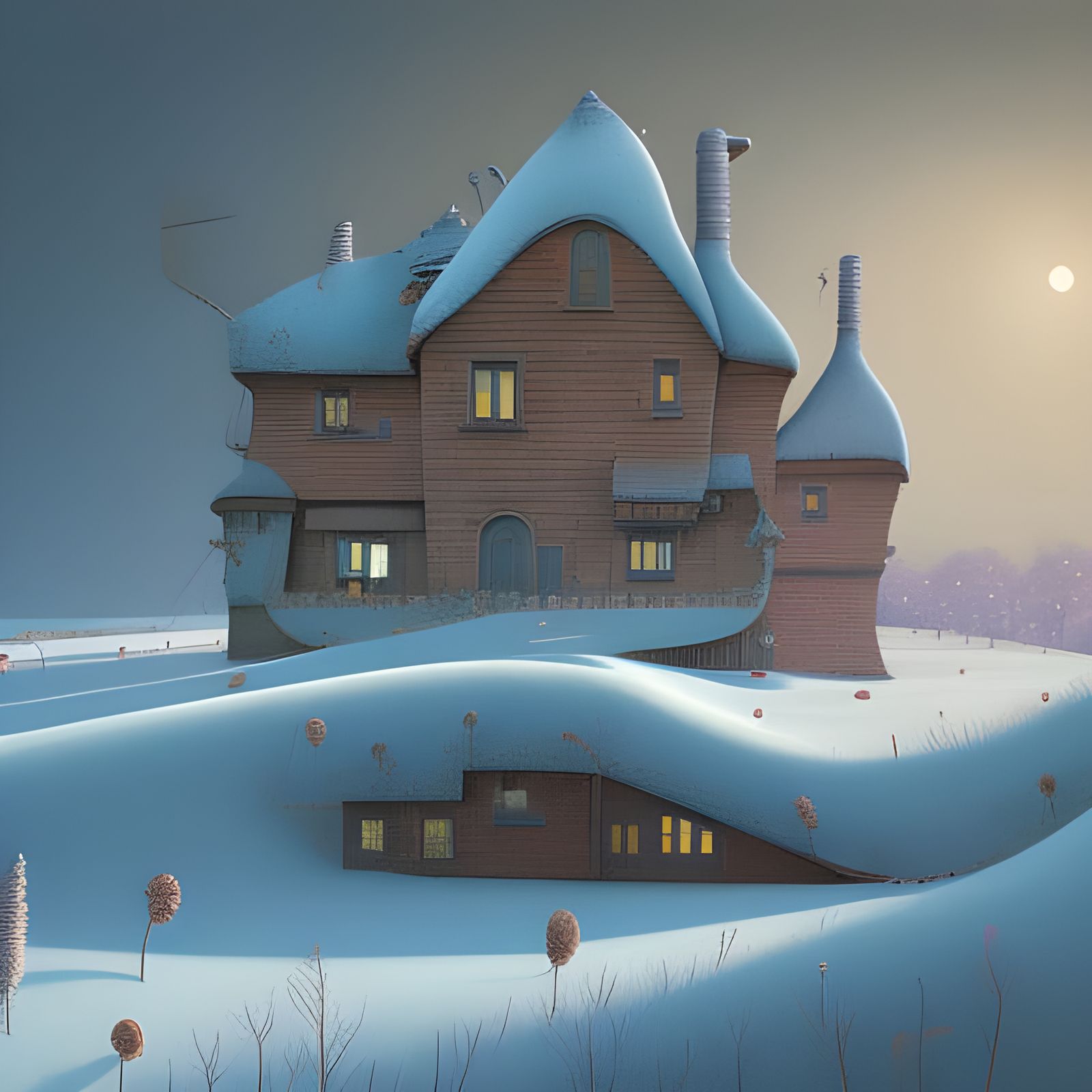 Winter Hills Landscape in Surrealist Style