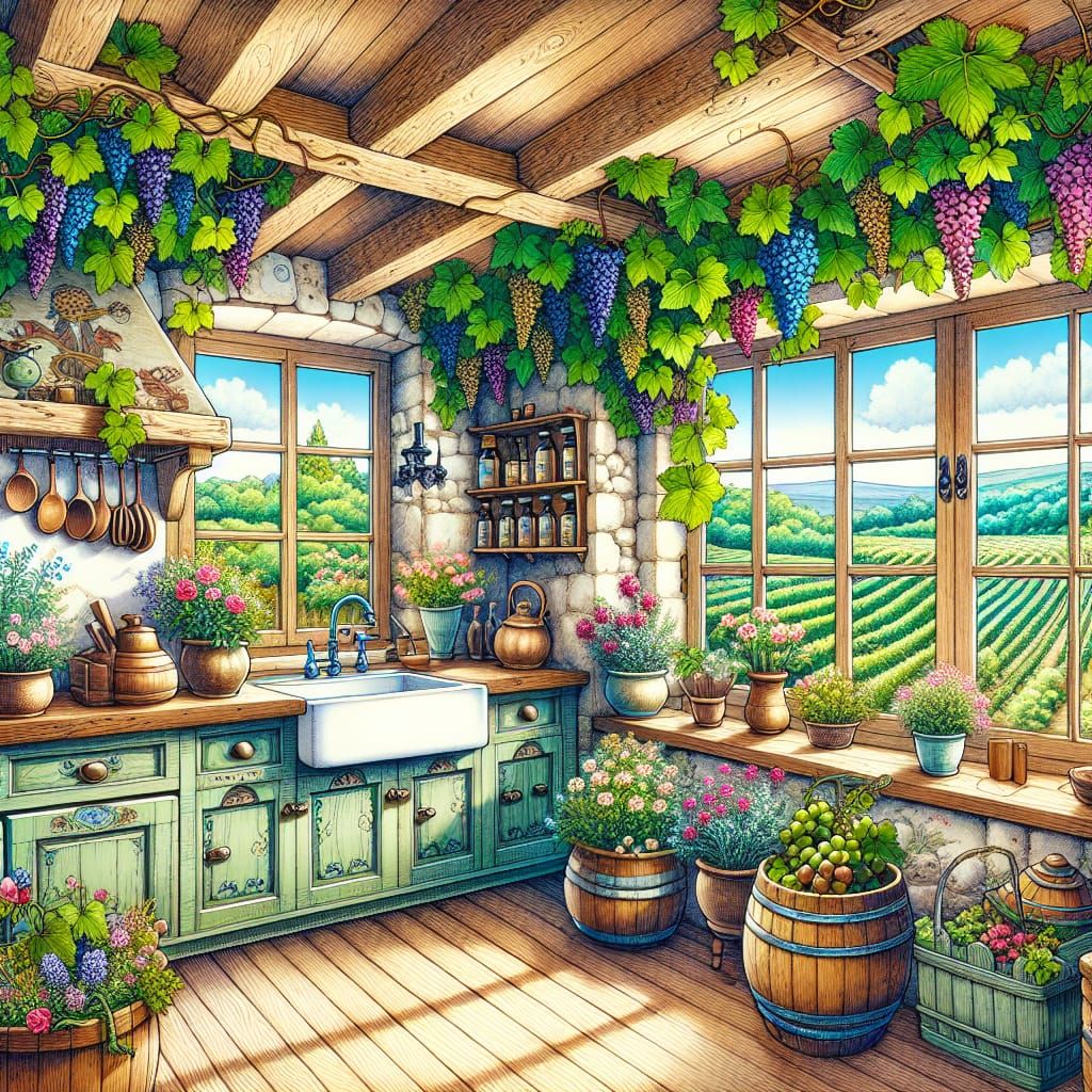 Cozy French Kitchen with Vineyard View, Manga Style