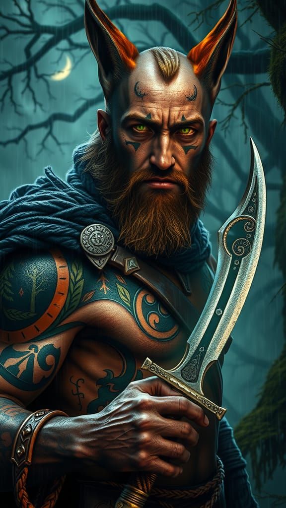 Viking Warrior with Fox Visage in Mystical Forest