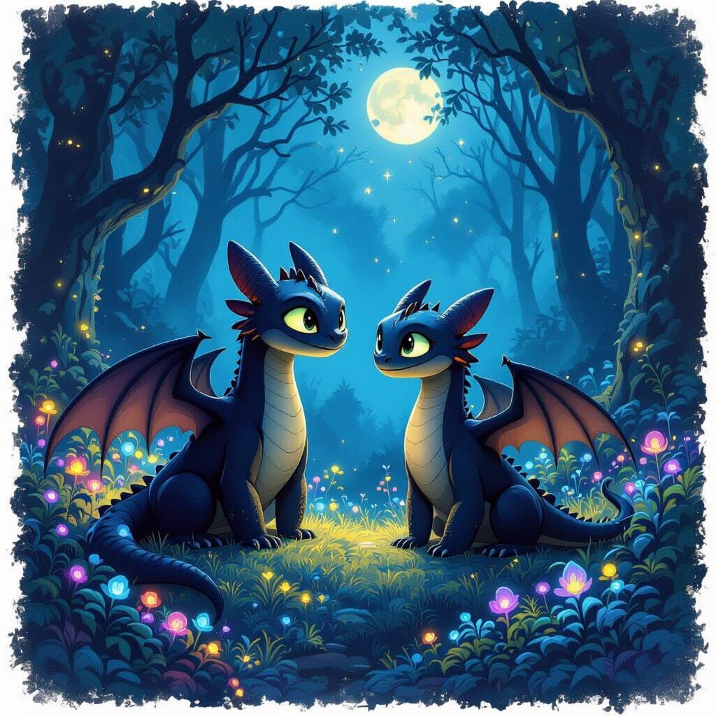 Toothless and Luna Dragons in Mystical Forest