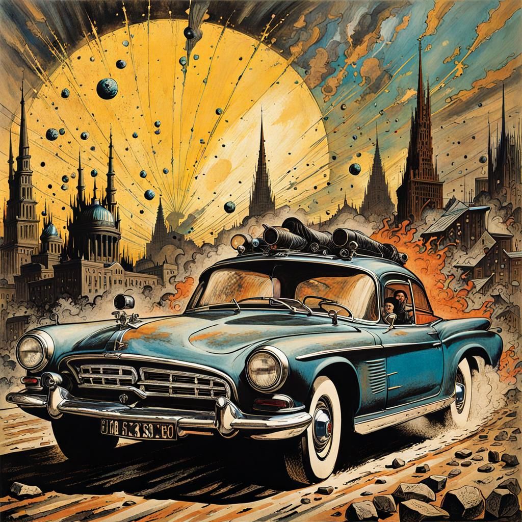 Rebellious Teens Drive Past Presidents: Decalcomania Art