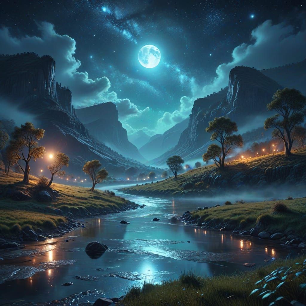 Cosmic Full Moon Over River Valley Illustration