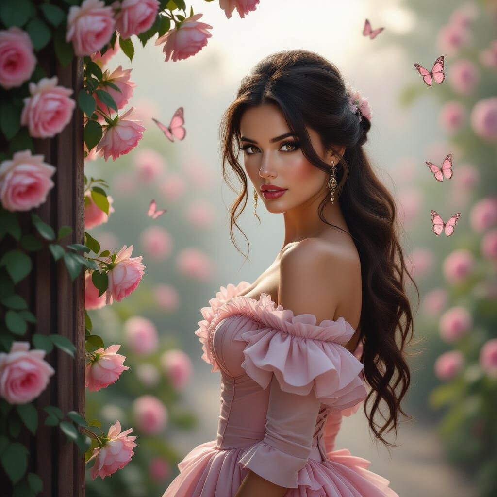 Fantasy style art inspired Luis Royo a beautiful woman resembling Zorro's girlfriend Elena de la Vega, with long dark br...