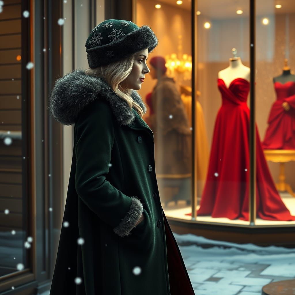 Elegant Woman Admiring Dress in Winter Snowfall