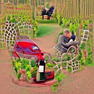 Magical Garden Scene with Men and Cars