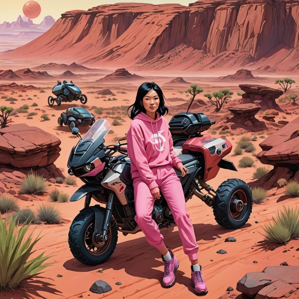 Amy Wong Rides a Mars Bug in Cartoon Watercolor Style