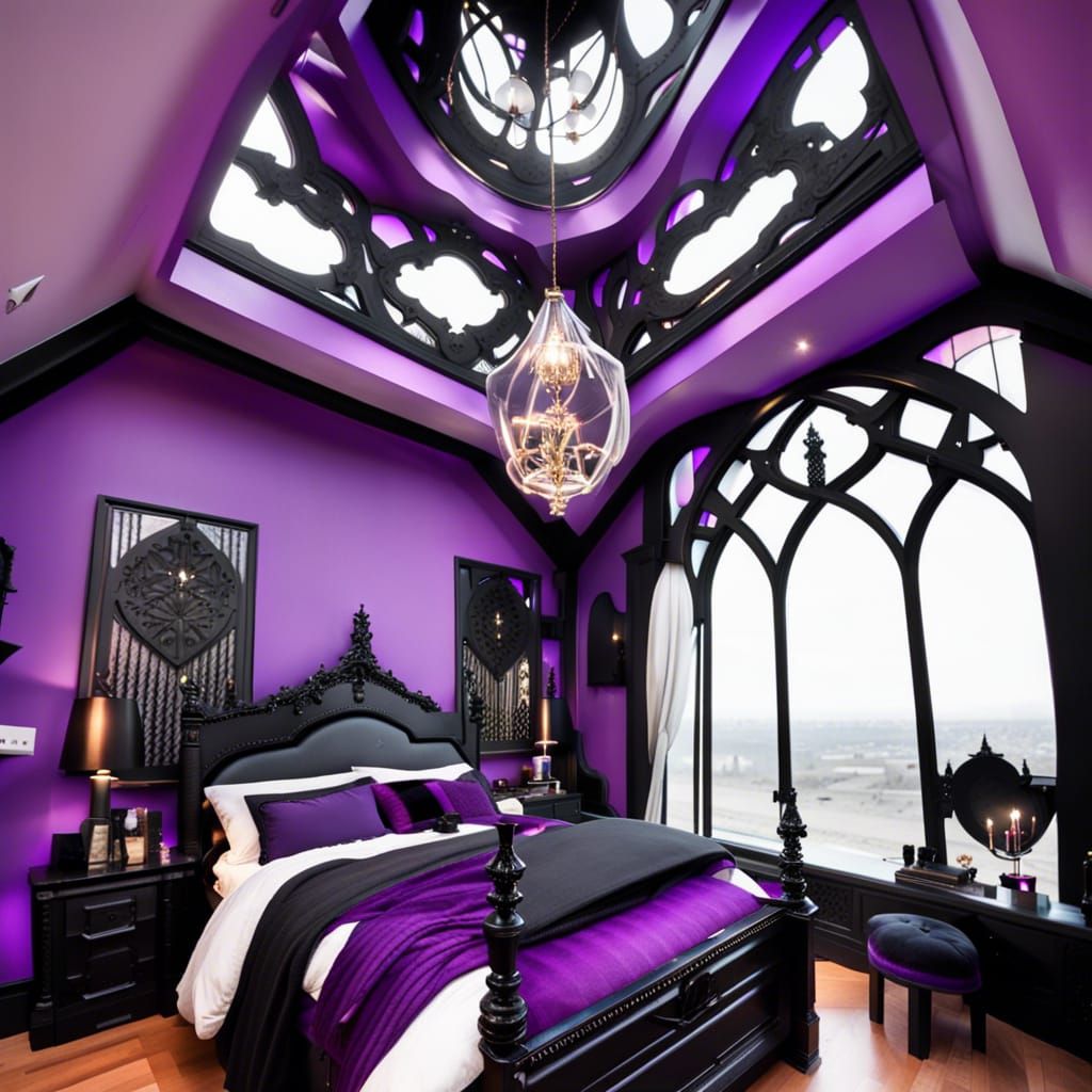 Beautiful skylight gothic bedroom black walls beautiful skylight windows& black gothic bed with purple accents& lots of ...