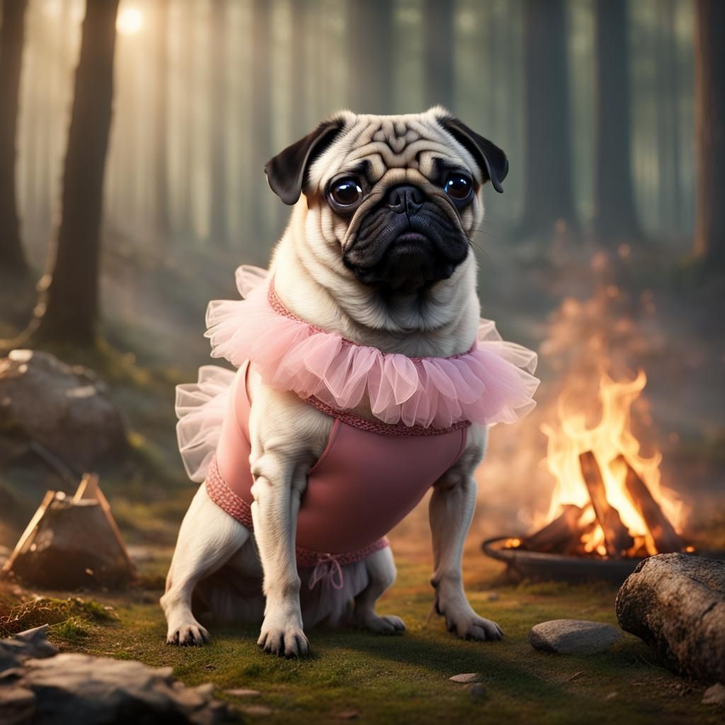 Pug Ballerina Camping: Detailed Fantasy Concept Art