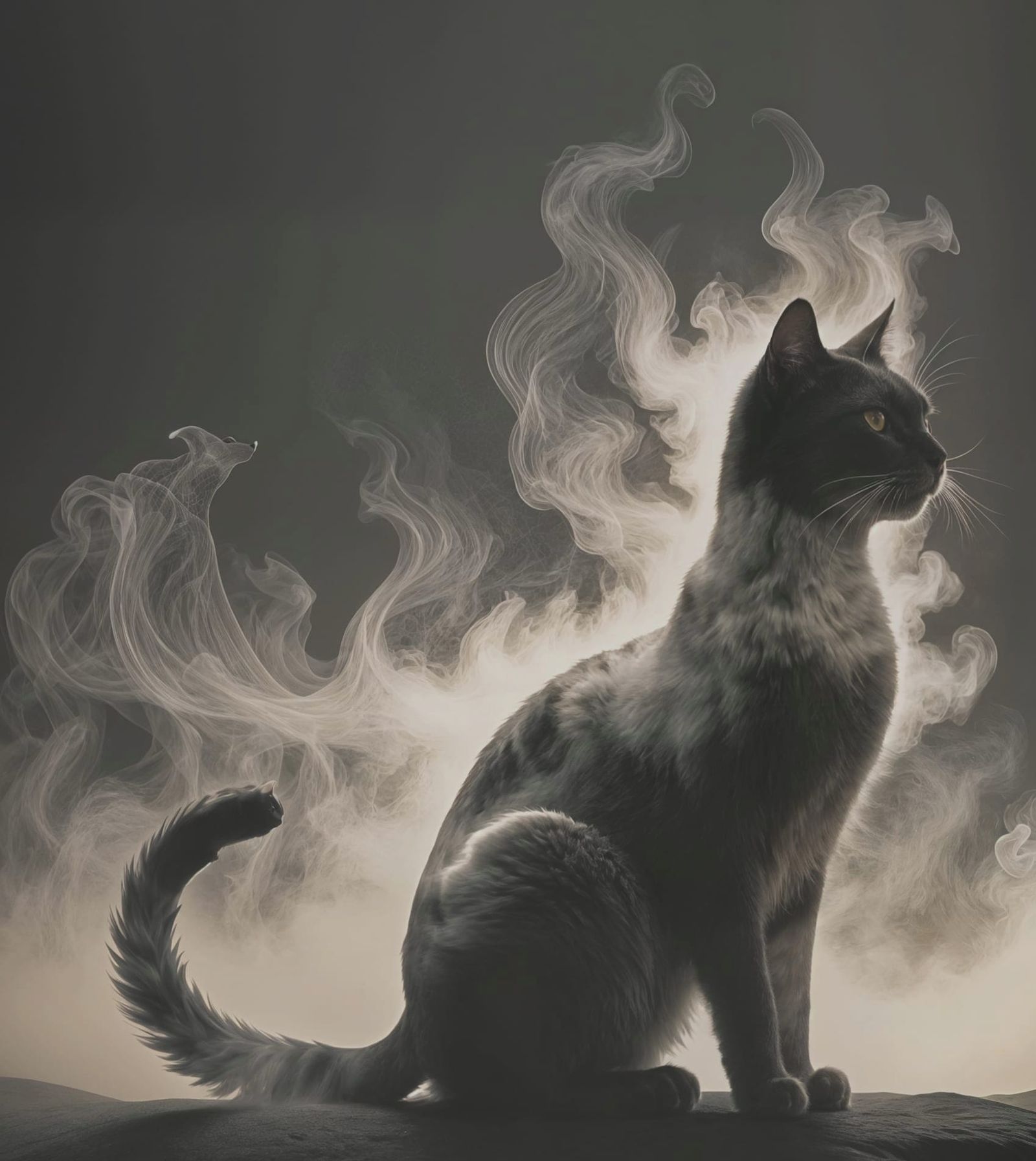 Surreal Grey Cat Silhouette Emerge from Fog