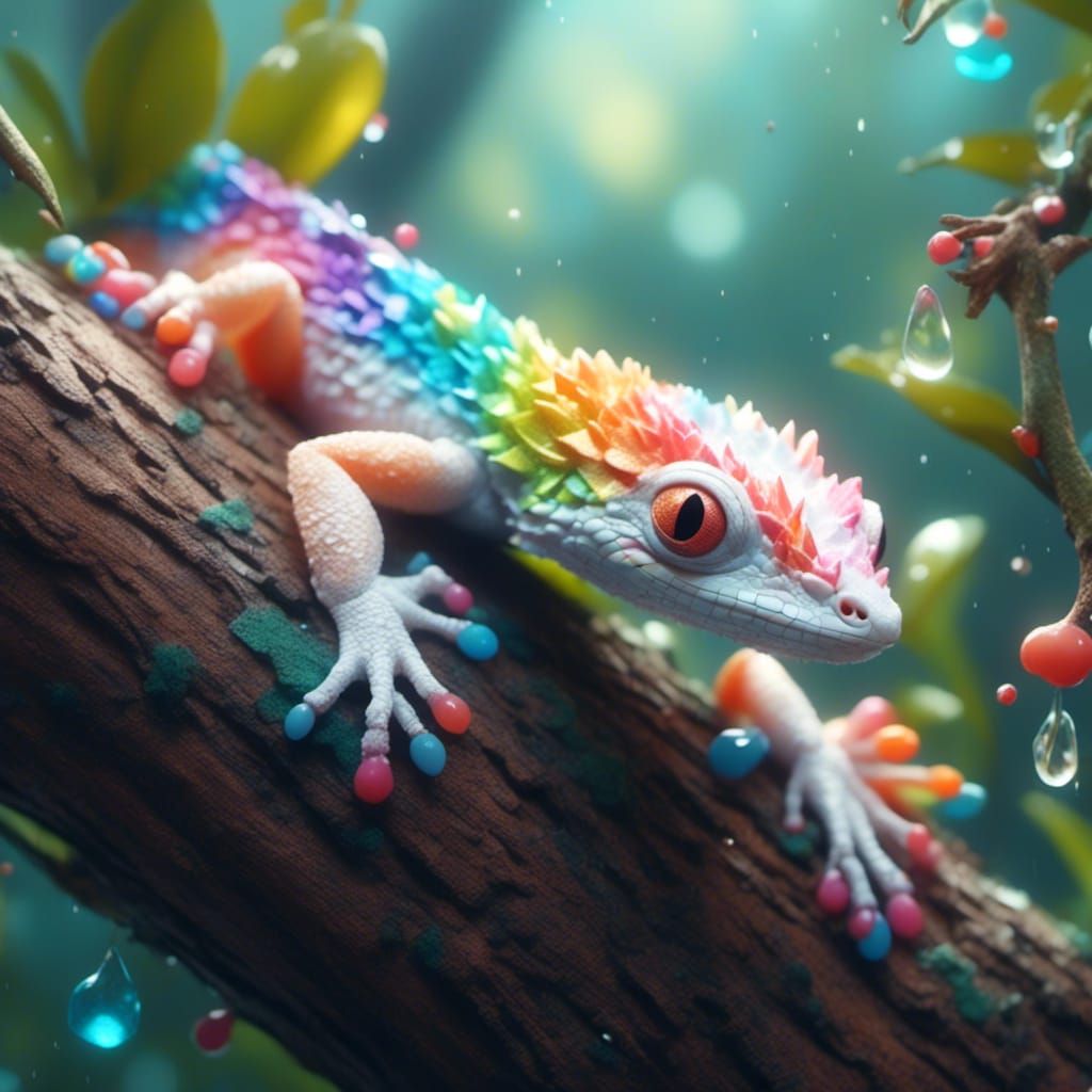 Pastel Rainbow Albino Flying Lizard in Hyperrealism