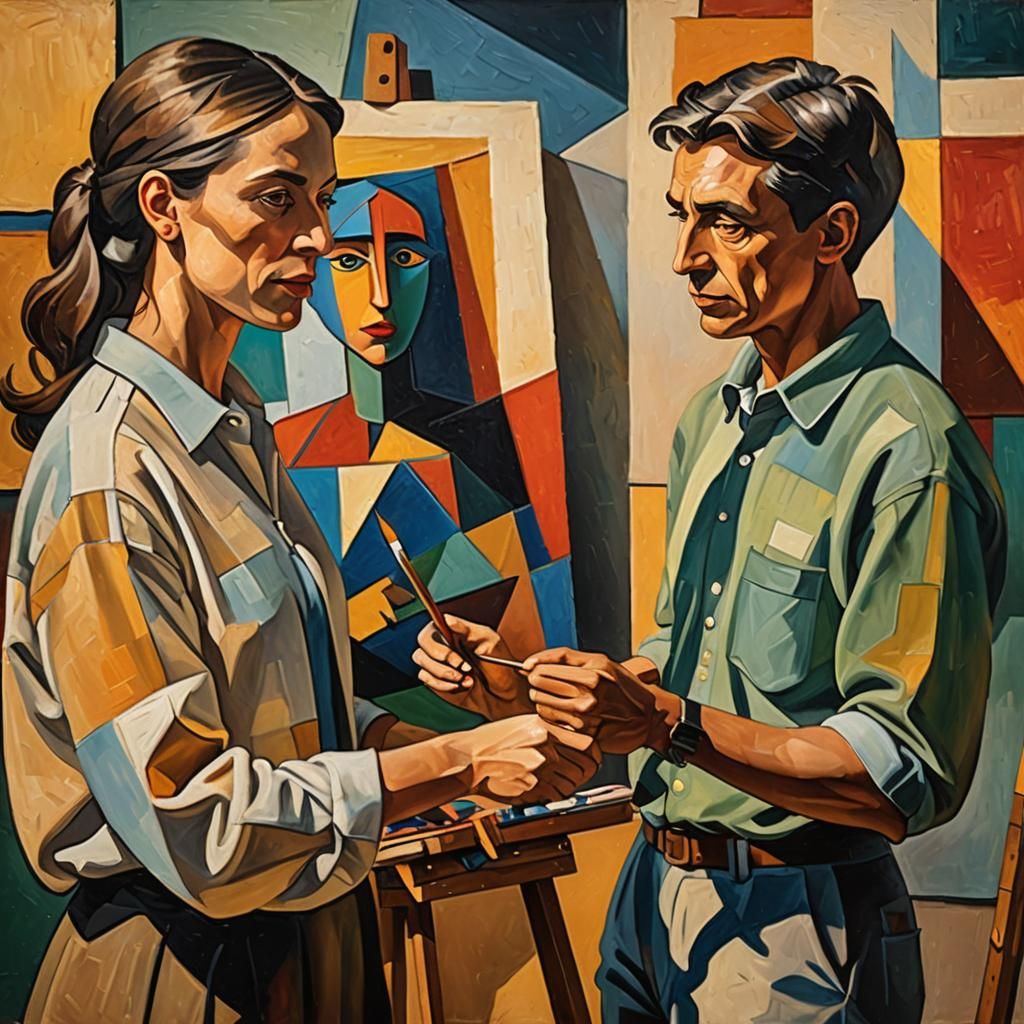 Cubist Teacher Explains Art to Student in Oil Paint