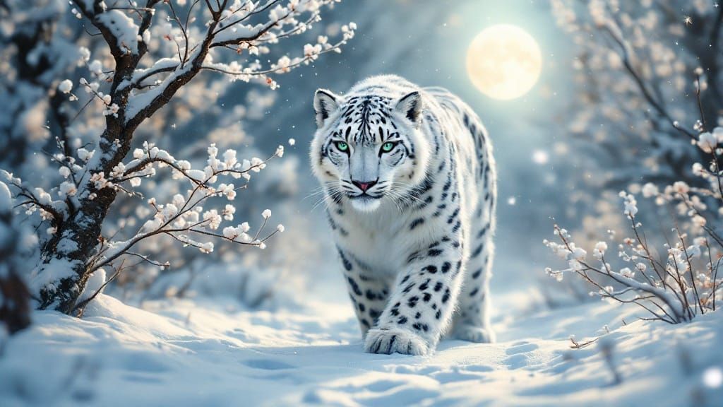 Snow Leopard's Serene Journey Under Starry Skies