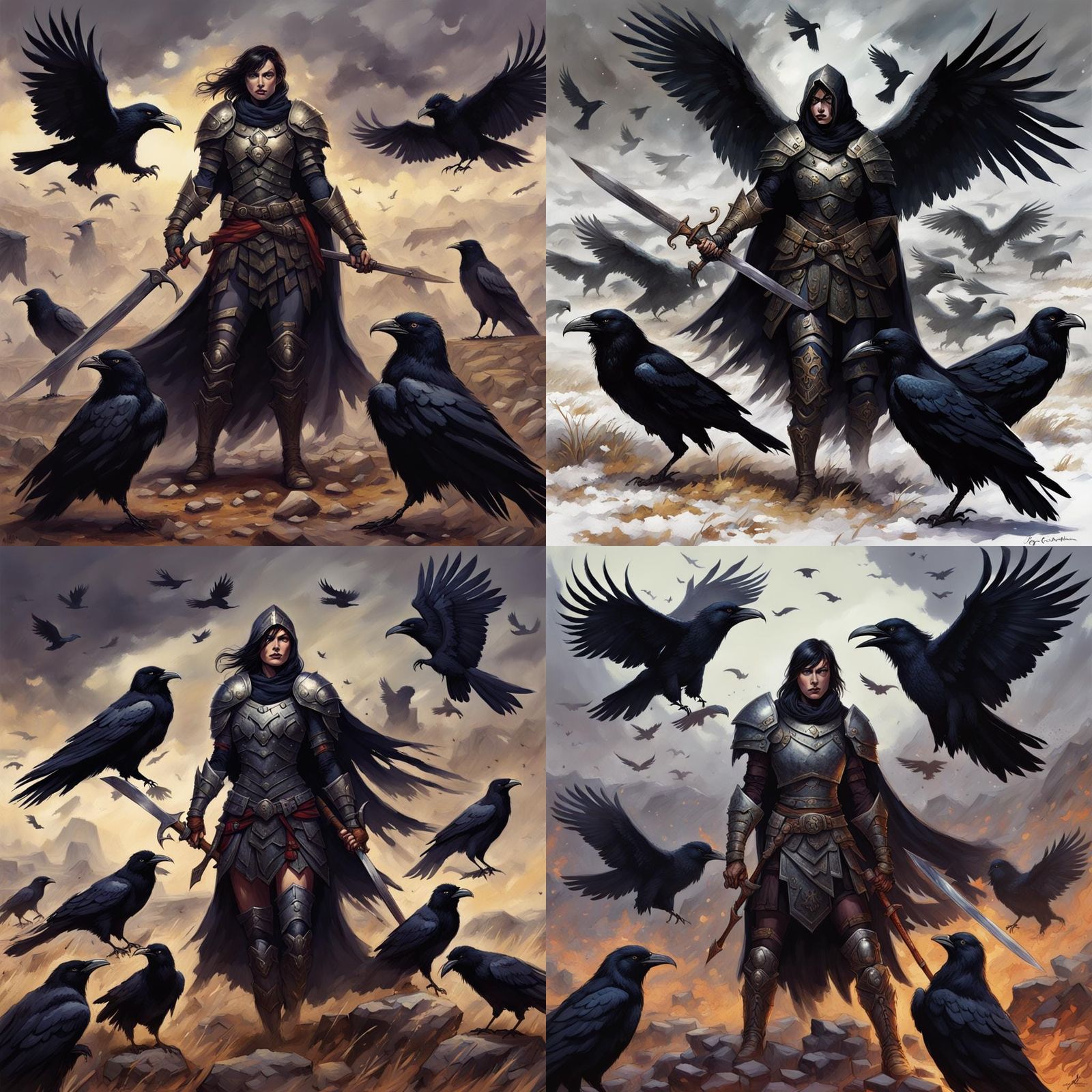 The Morrigan as a warrior on a battlefield, wearing armor, accompanied by ravens