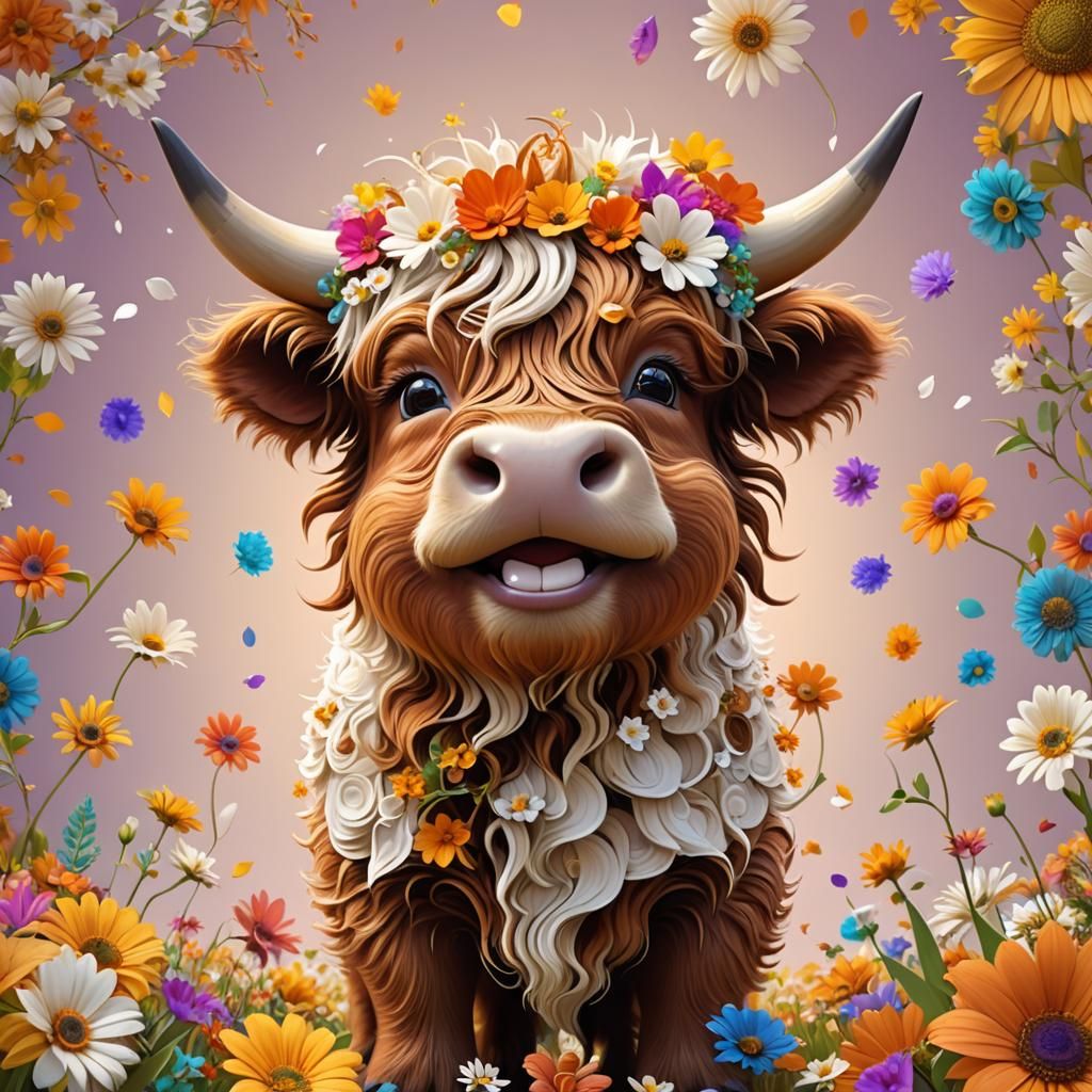 Smiling Highland Cow Girl: Pixar-Style 3D Digital Art
