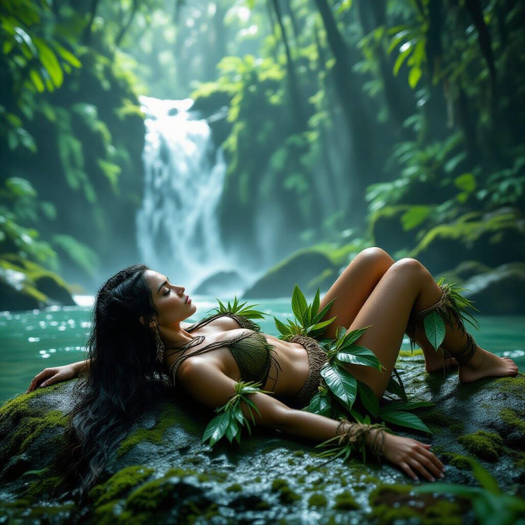 Jungle Survivalist Woman by Waterfall in High-Fantasy Style
