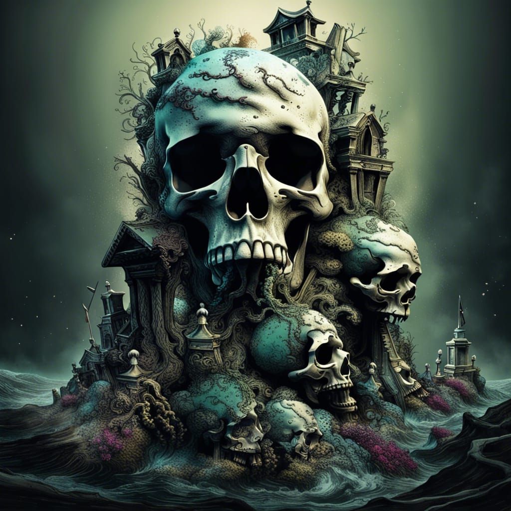 Floating Skull Island Graveyard in Liquid Ink Illustration