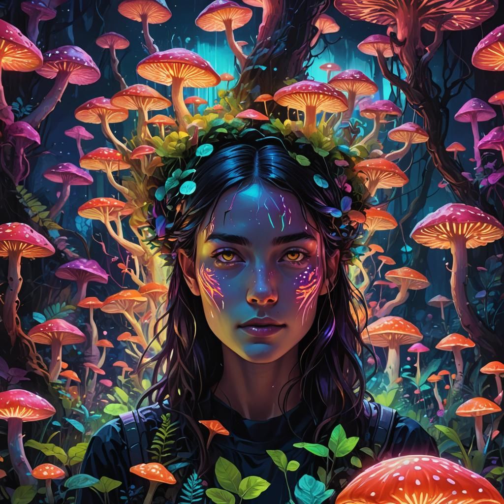 Glowing Fantasy Landscape with Fluorescent Mushrooms