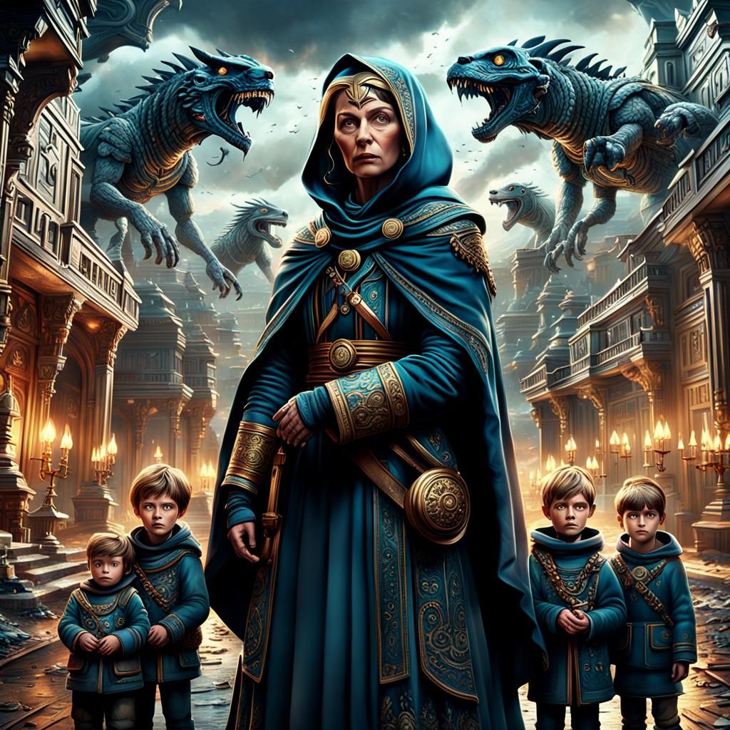 Protective Mother and Sons: Epic Digital Painting