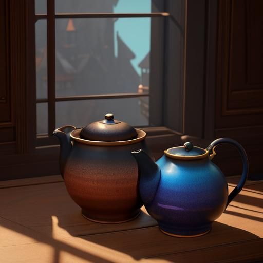 Cat Teapot with Trompe L'Oeil Painting, Detailed Matte Art