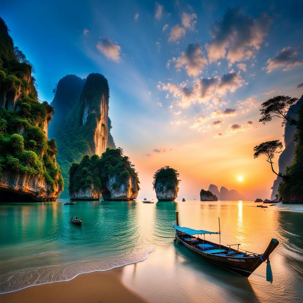 Khao Phing Kan Beach at Sunset: A Photorealistic 90s Style