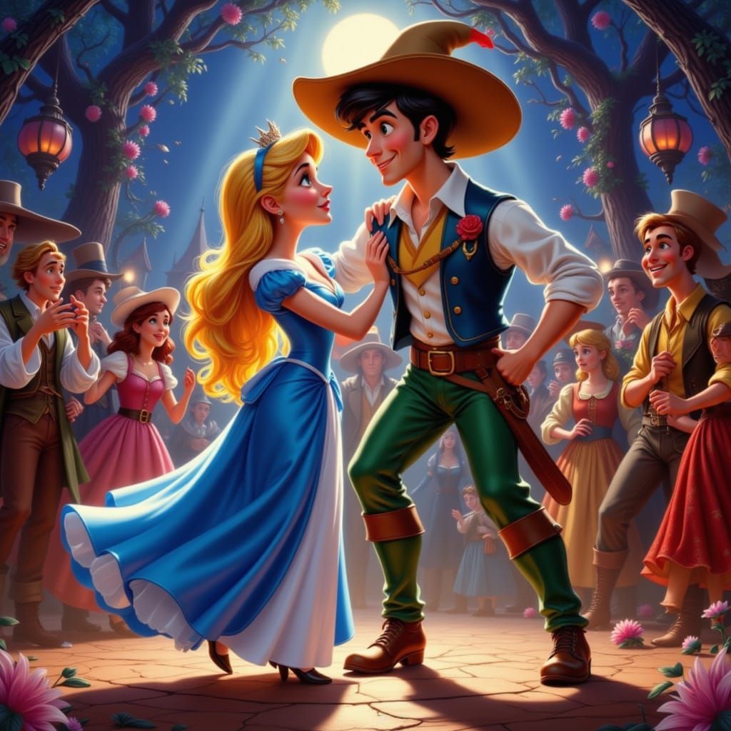 Disney Characters Square Dancing in Vibrant Pop Art Style