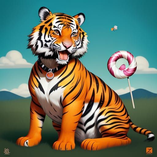 "tiger licking lollipop while sitting up on hind legs"
