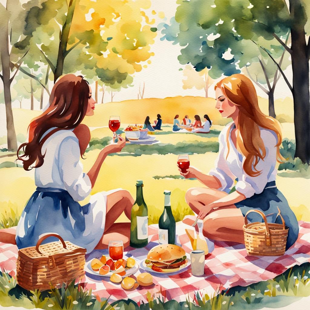 Girlfriends' Picnic in the Park: Watercolor Art