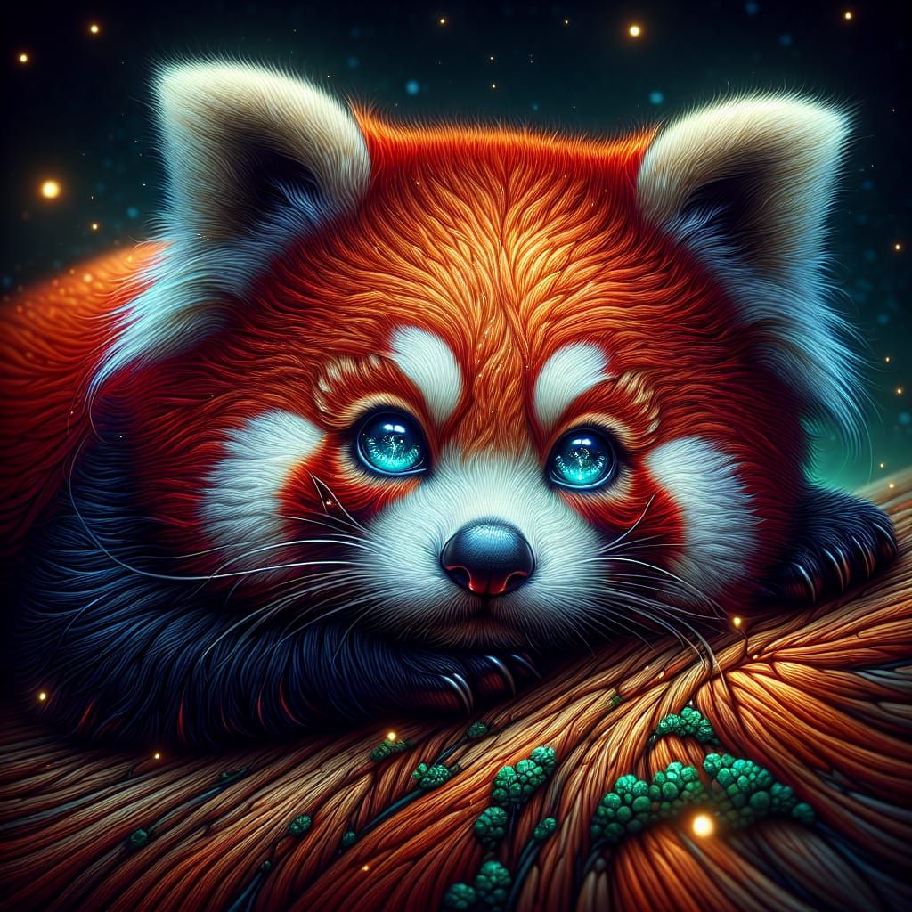 Red Panda with Blue Eyes Under Night Sky