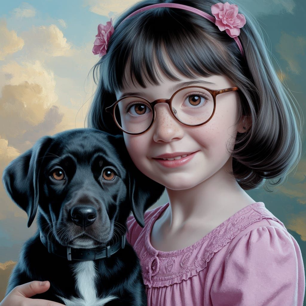 A Young Girl Holds a Black Labrador Puppy in a Whimsical Oil...
