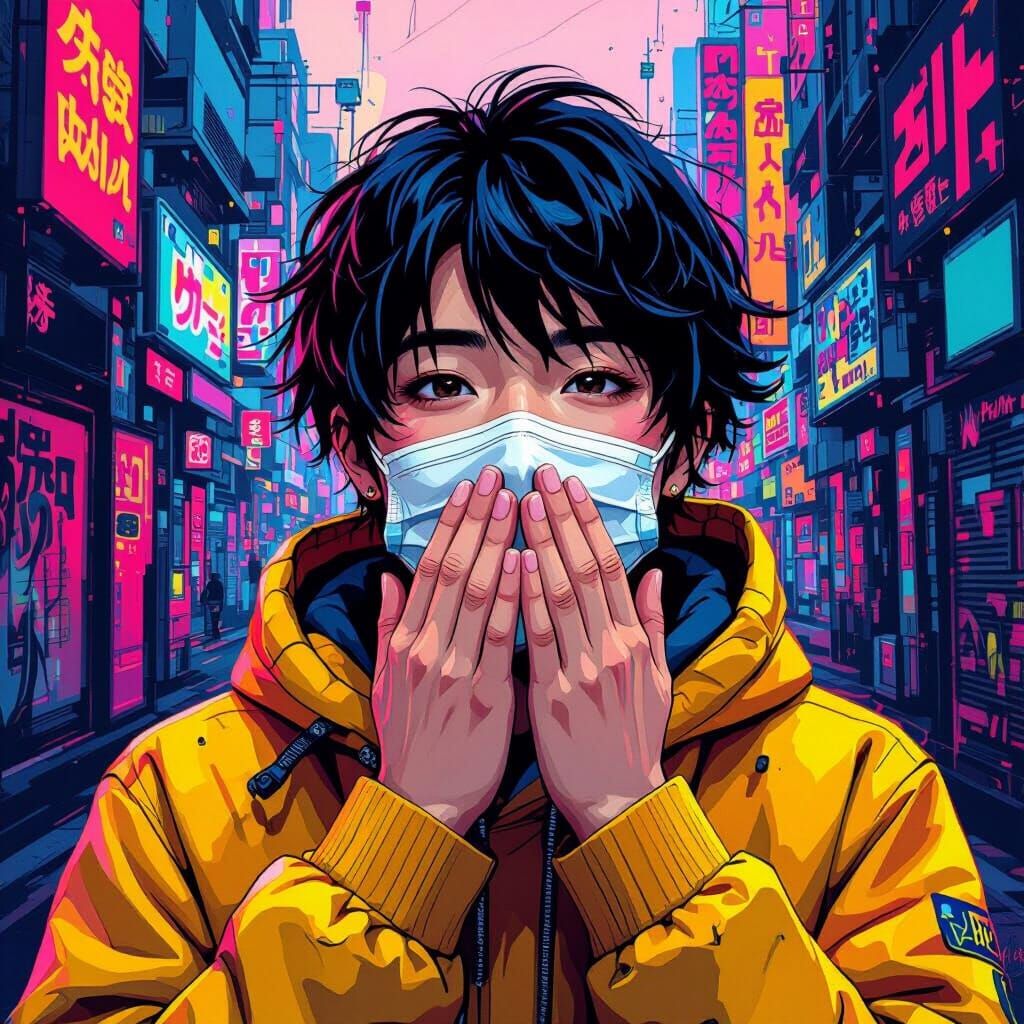 Person Covering Mouth in Takashi Murakami Style