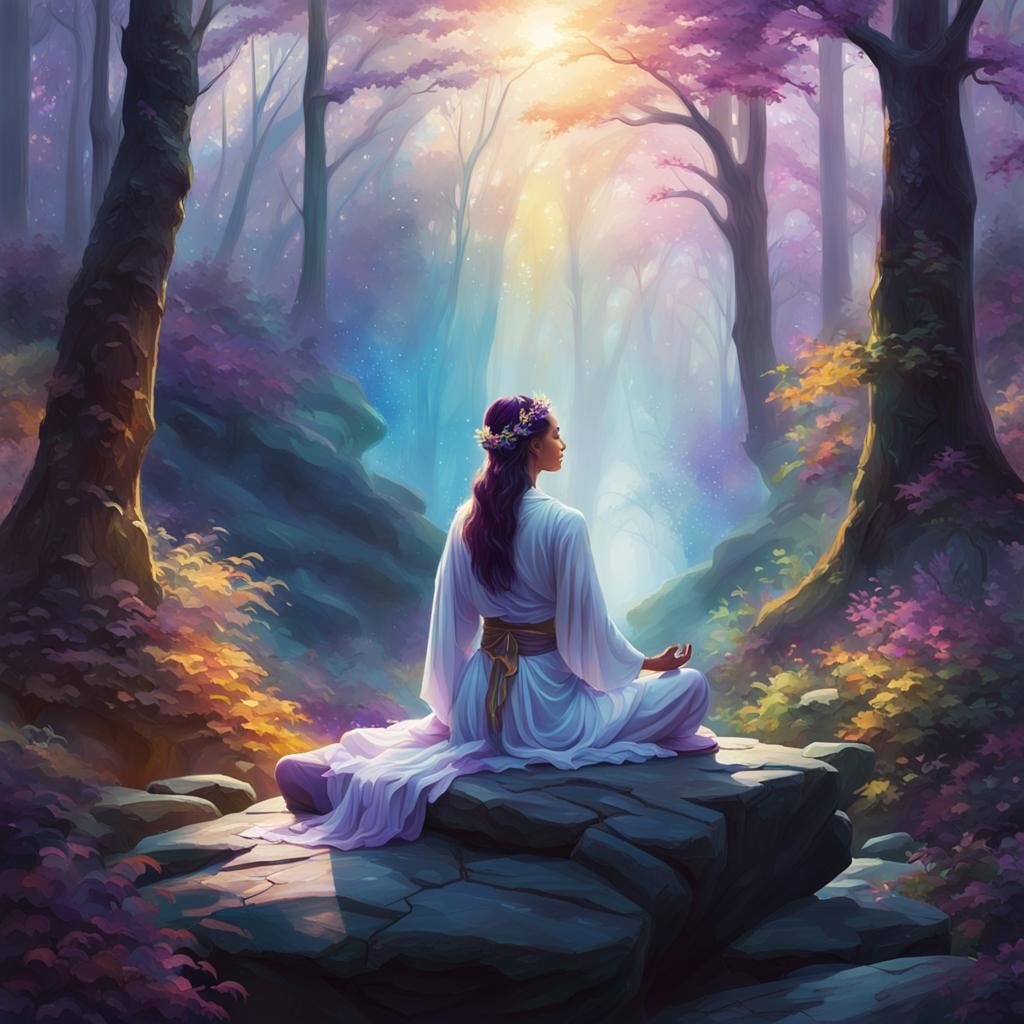 Girl Meditating in Forest: Fantasy Concept Art