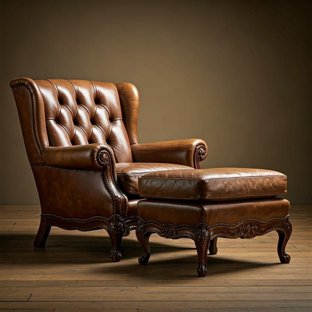 Vintage Leather Armchair and Ottoman in Warm Light