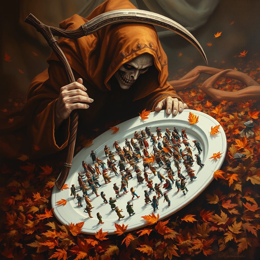 Grim Reaper Oil Painting with Miniature People