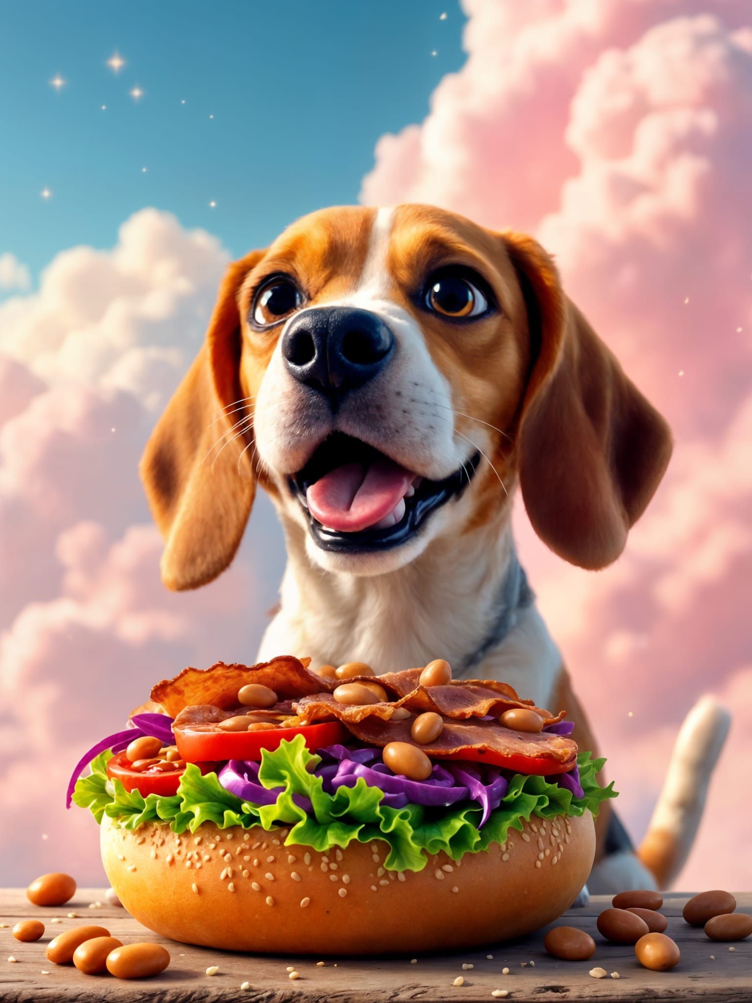 Vibrant Beagle Devours Bagel in Heavenly Landscape