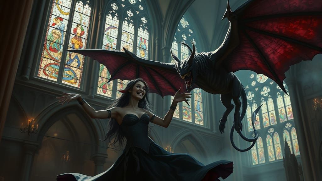 Dark Elf Woman Dancing with Demon in Gothic Cathedral