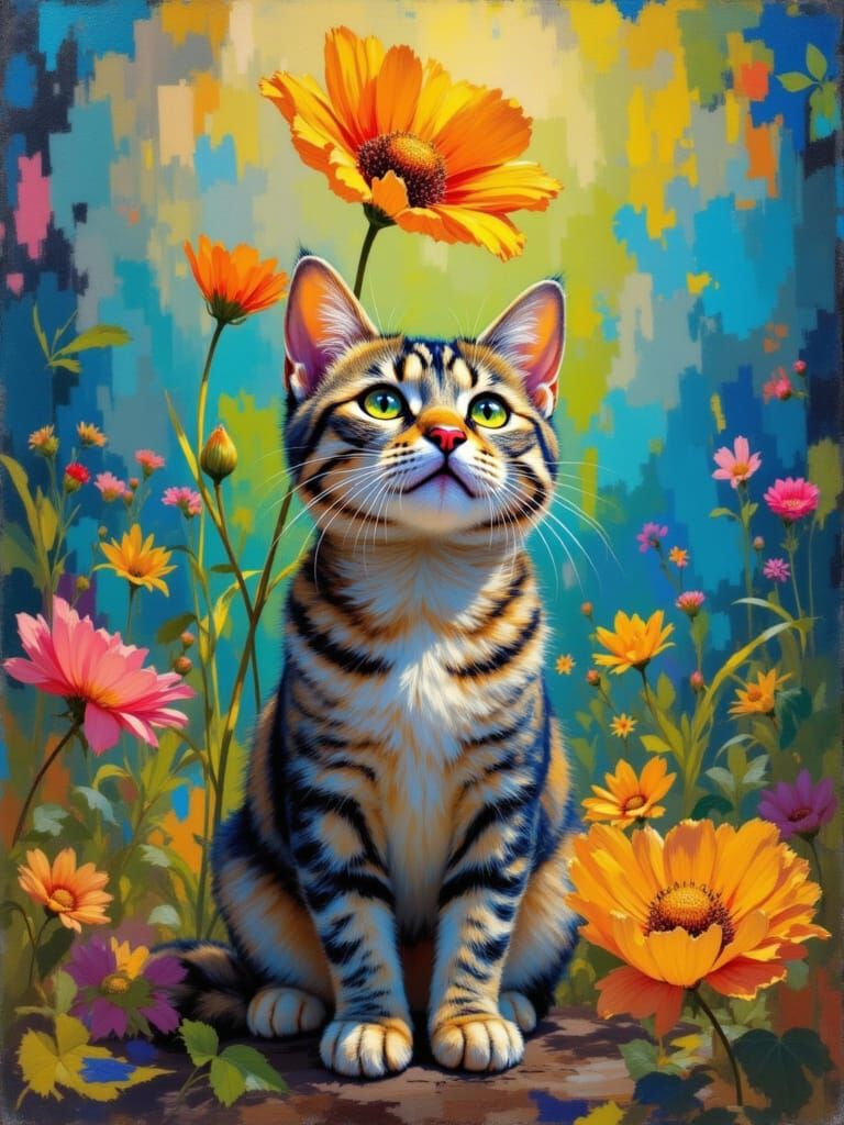 Adorable Cat Under Tall Flowers With Flickering Lights